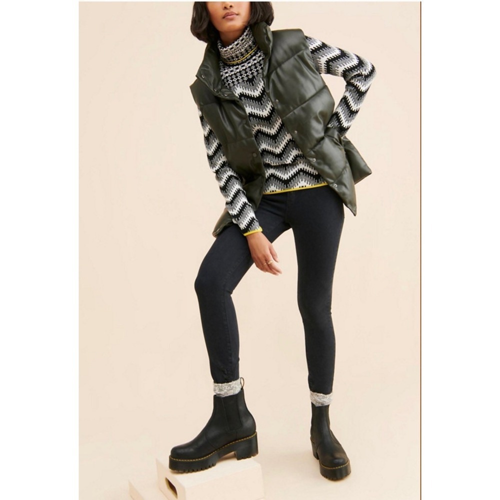 Maeve Anthropologie Black White Chevron Zig Zag Turtleneck Sweater Yellow Trim L